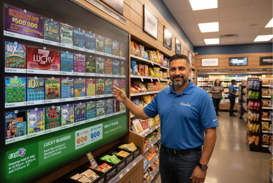 Convenience store displays positioned for ticket visibility