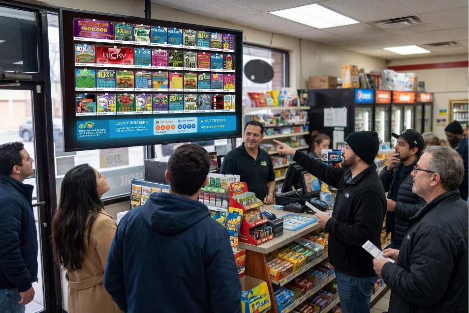 Digital lottery ticket display with live jackpots in store