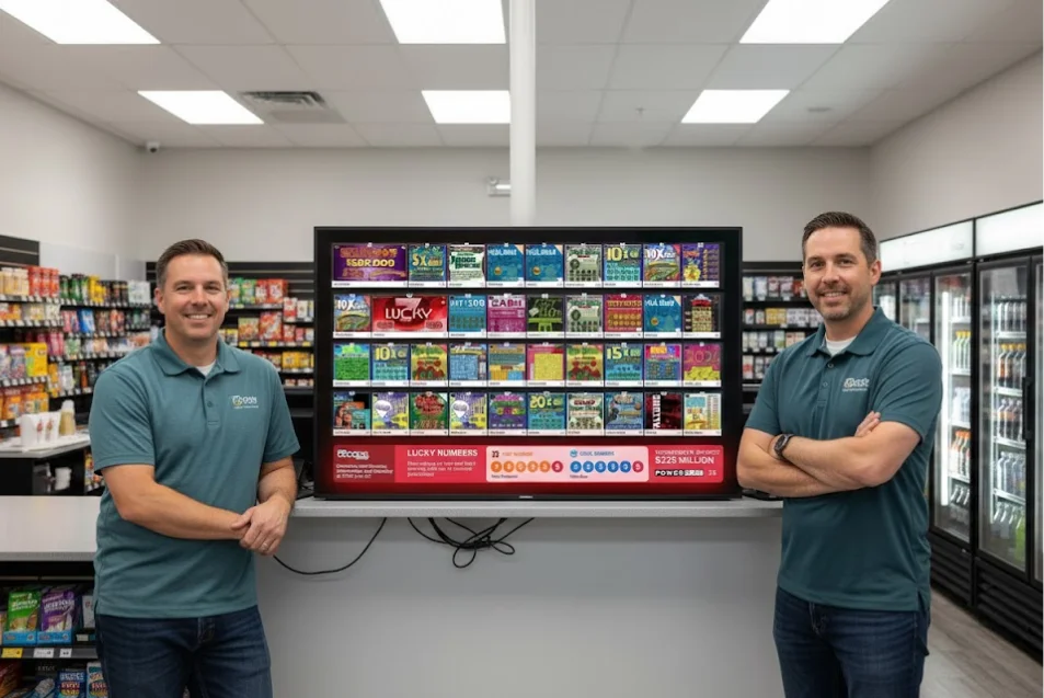 Live-updating lottery digital screen inside convenience store